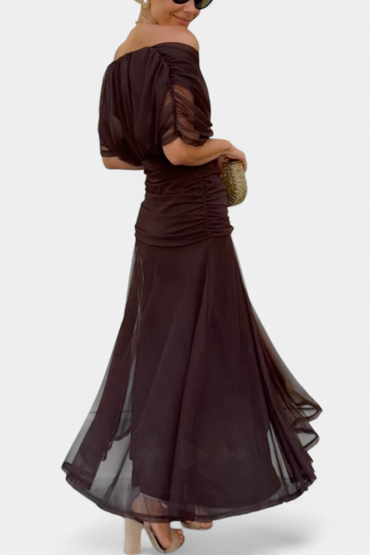 Montarello Ruched V-Neck Women's Maxi Dress with Flowing Sleeves