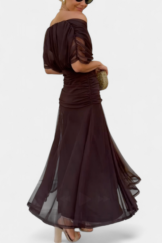 Montarello Ruched V-Neck Women's Maxi Dress with Flowing Sleeves