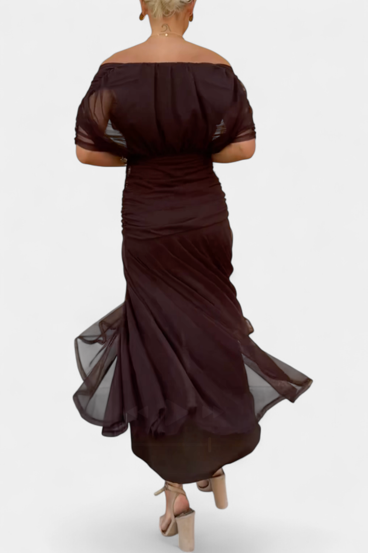 Montarello Ruched V-Neck Women's Maxi Dress with Flowing Sleeves