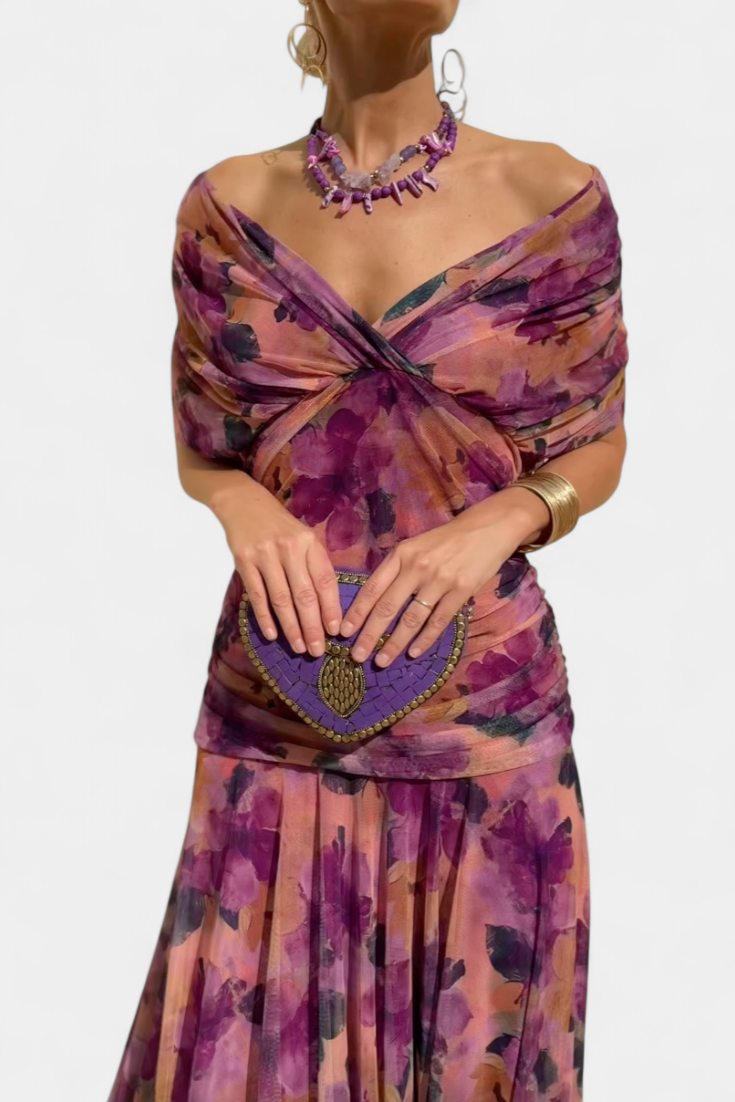 Montarello Ruched V-Neck Women's Maxi Dress with Flowing Sleeves