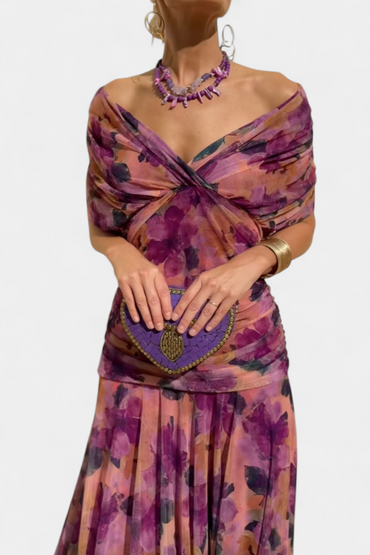 Montarello Ruched V-Neck Women's Maxi Dress with Flowing Sleeves