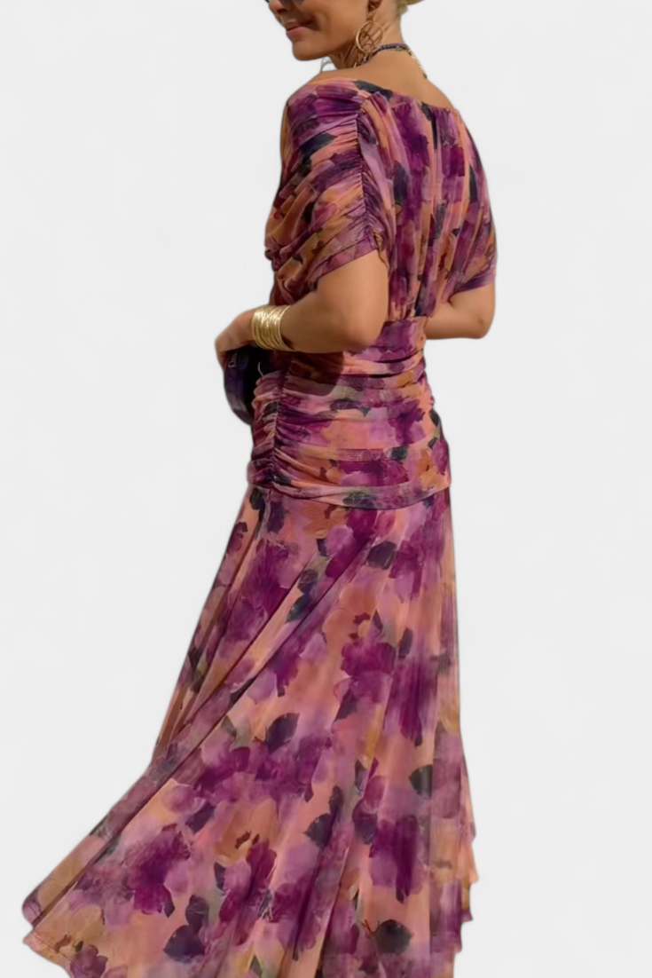 Montarello Ruched V-Neck Women's Maxi Dress with Flowing Sleeves