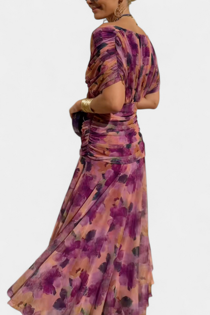 Montarello Ruched V-Neck Women's Maxi Dress with Flowing Sleeves