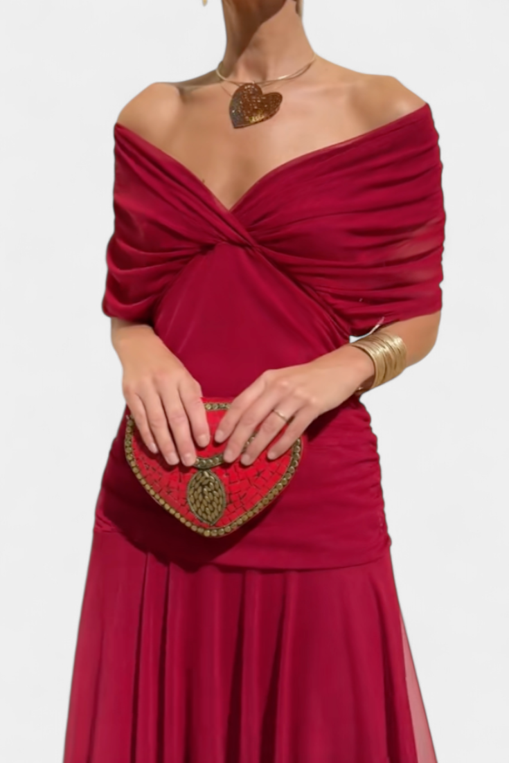 Montarello Ruched V-Neck Women's Maxi Dress with Flowing Sleeves