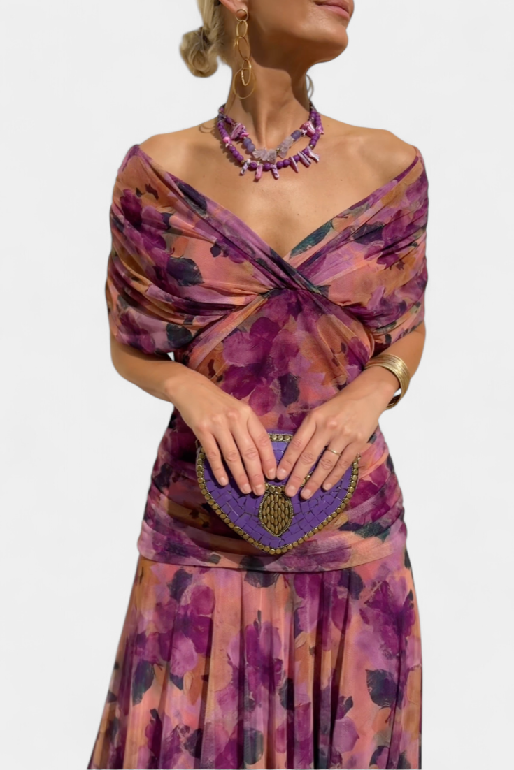Montarello Ruched V-Neck Women's Maxi Dress with Flowing Sleeves