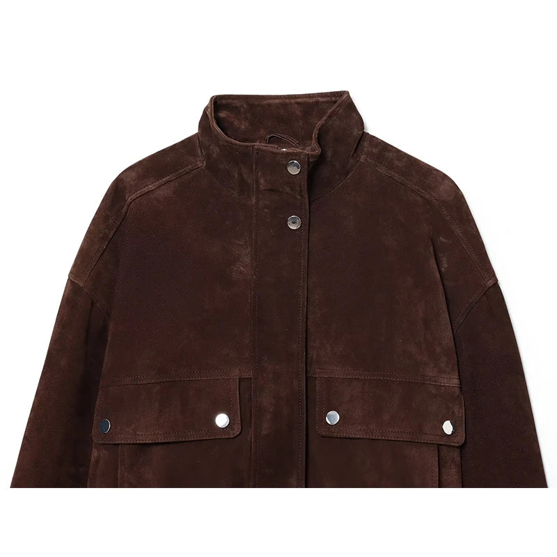 Montarello Women's Suede-Look Cropped Jacket with Snap Front