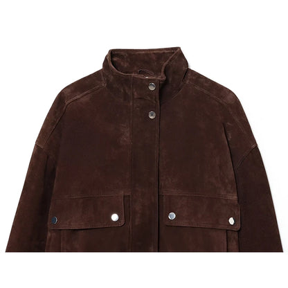Montarello Women's Suede-Look Cropped Jacket with Snap Front