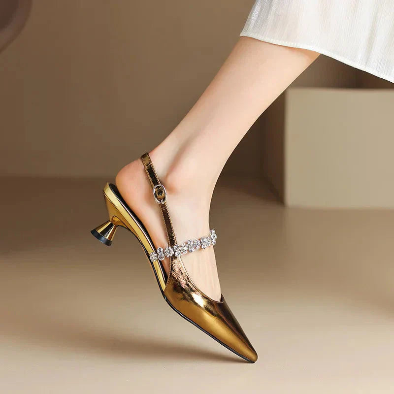 Montarello Women's Crystal Strap Pointed Toe Slingback Pumps