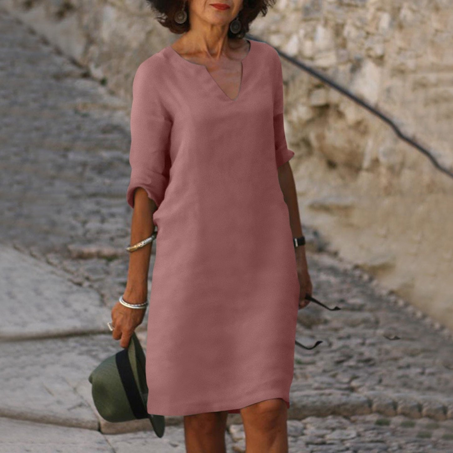 Montarello Women's V-Neck Linen-Look Midi Dress 3/4 Sleeve