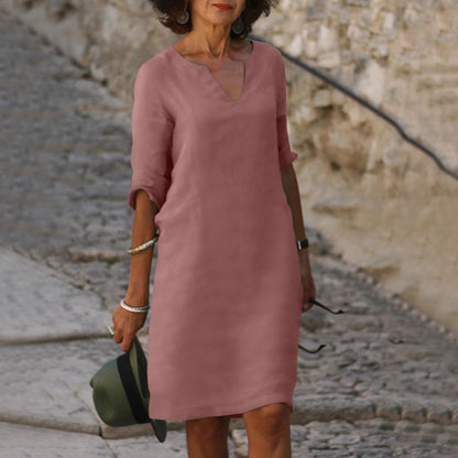Montarello Women's V-Neck Linen-Look Midi Dress 3/4 Sleeve