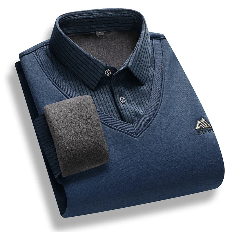 Montarello Men's Polo Sweater with Fleece Lining and Mock Layer