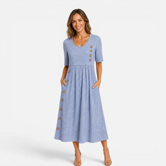 Montarello Women's Striped V-Neck Button-Front Linen-Look Midi Dress