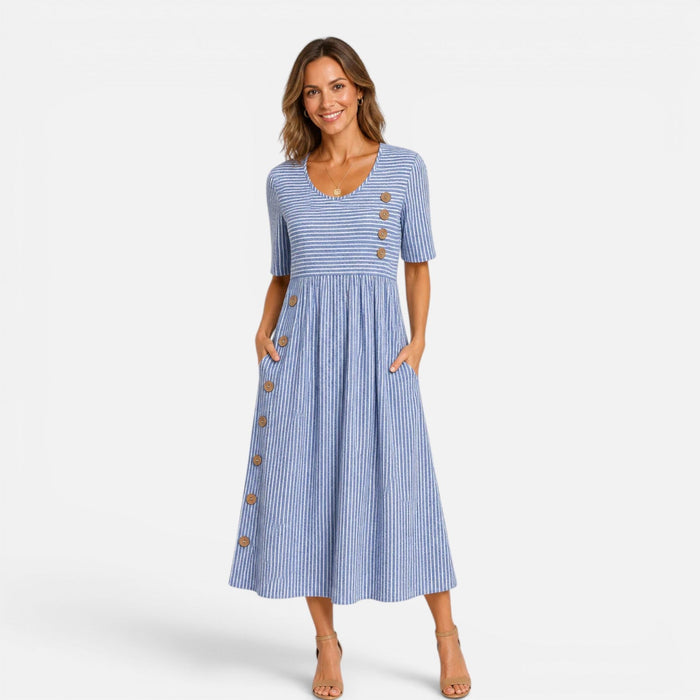 Montarello Women's Striped V-Neck Button-Front Linen-Look Midi Dress