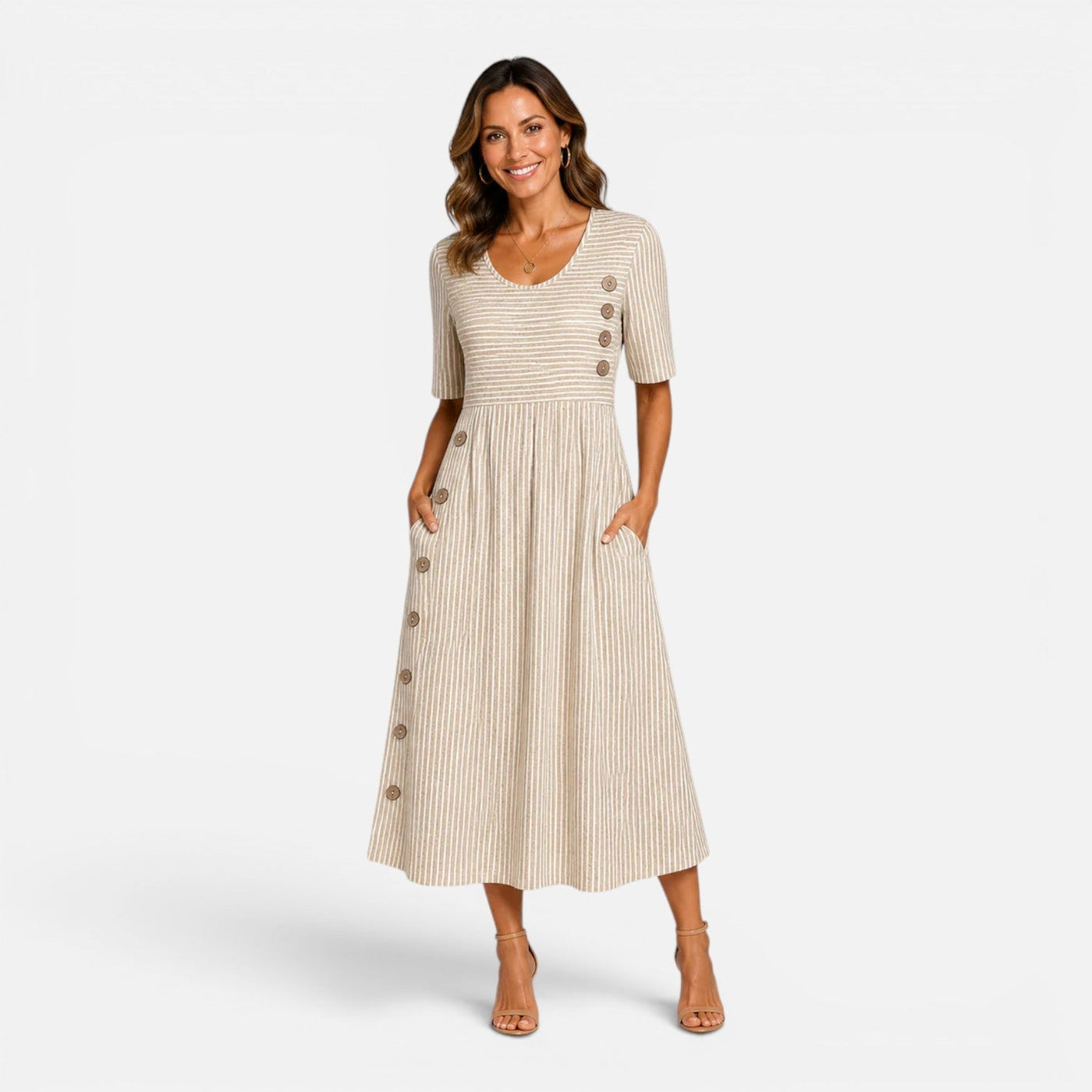 Montarello Women's Striped V-Neck Button-Front Linen-Look Midi Dress