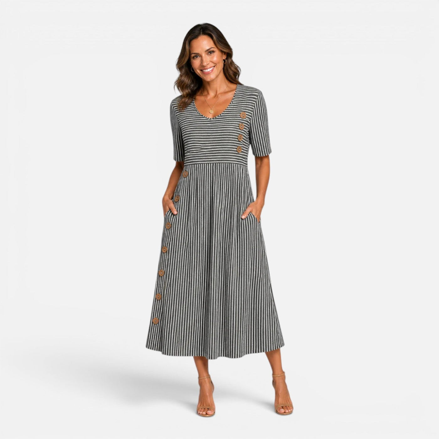 Montarello Women's Striped V-Neck Button-Front Linen-Look Midi Dress
