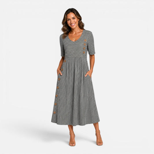 Montarello Women's Striped V-Neck Button-Front Linen-Look Midi Dress