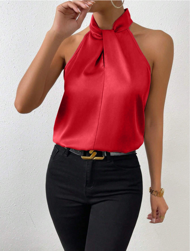 Montarello Women's Satin-Look Twist-Neck Sleeveless Evening Top