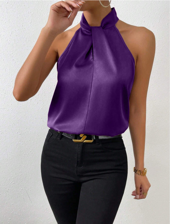Montarello Women's Satin-Look Twist-Neck Sleeveless Evening Top