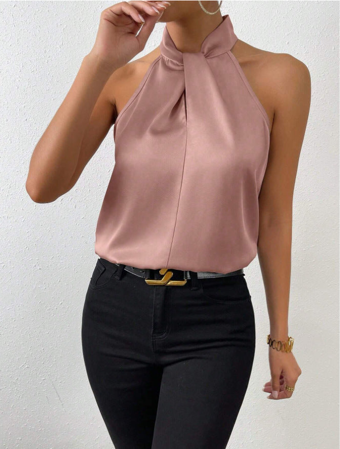 Montarello Women's Satin-Look Twist-Neck Sleeveless Evening Top