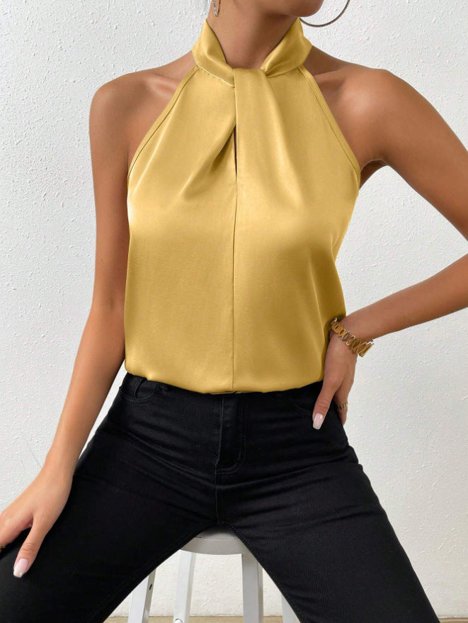 Montarello Women's Satin-Look Twist-Neck Sleeveless Evening Top