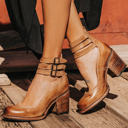Montarello Vintage Ankle Strap Women's Block Heel Shoes