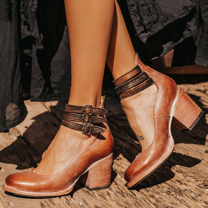 Montarello Vintage Ankle Strap Women's Block Heel Shoes