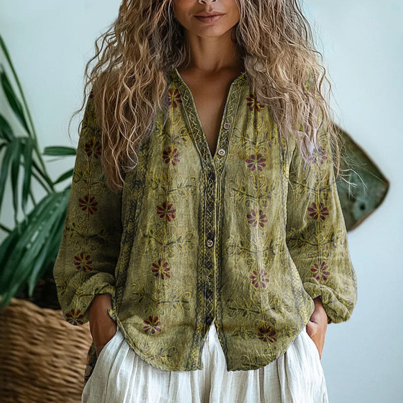 Montarello Women's Floral Print V-Neck Loose Shirt Long Sleeve