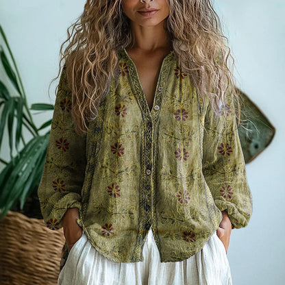Montarello Women's Floral Print V-Neck Loose Shirt Long Sleeve
