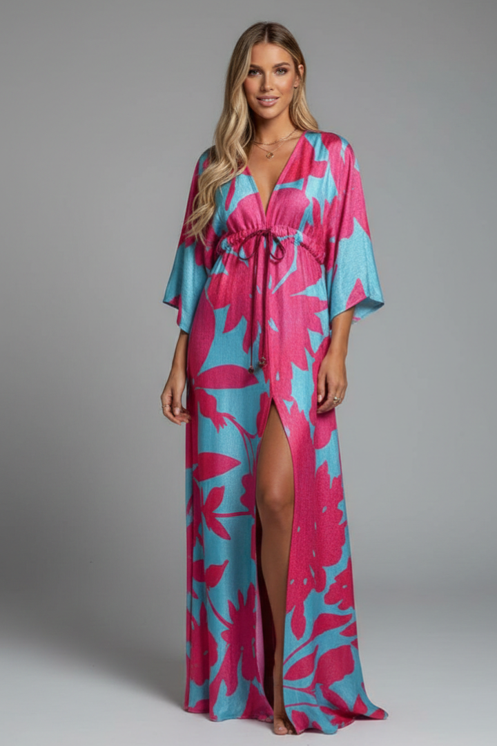 Montarello Women's Printed Batwing Sleeve Tie-Waist Maxi Dress