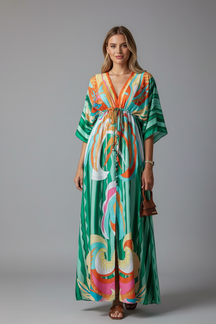 Montarello Women's Printed Batwing Sleeve Tie-Waist Maxi Dress