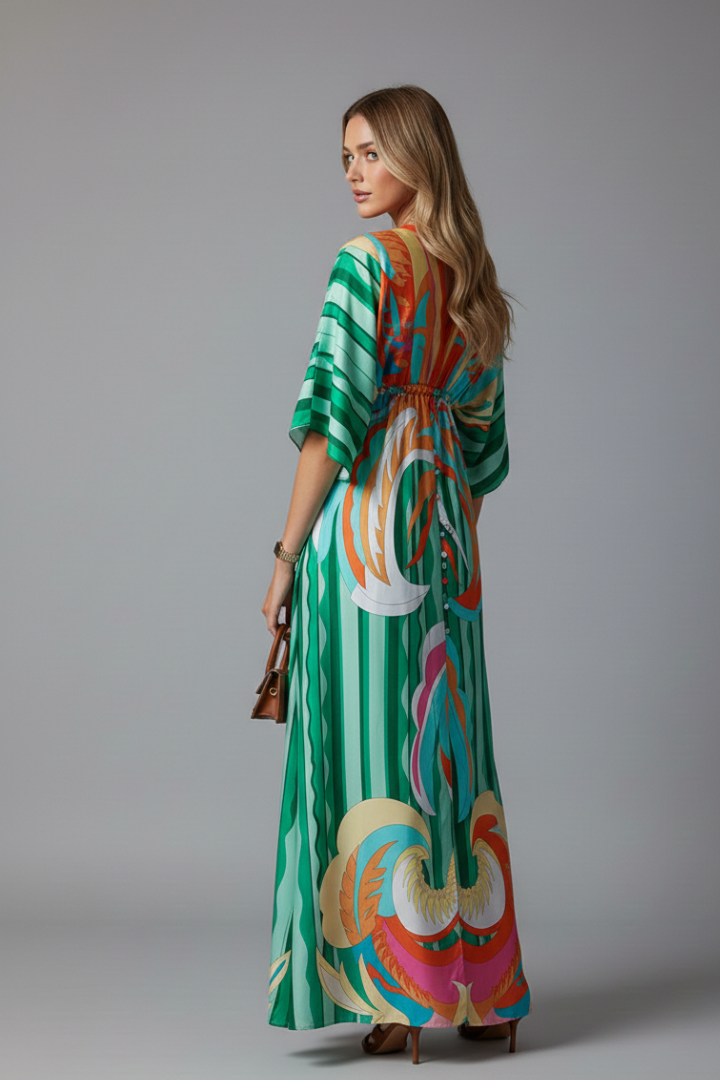 Montarello Women's Printed Batwing Sleeve Tie-Waist Maxi Dress