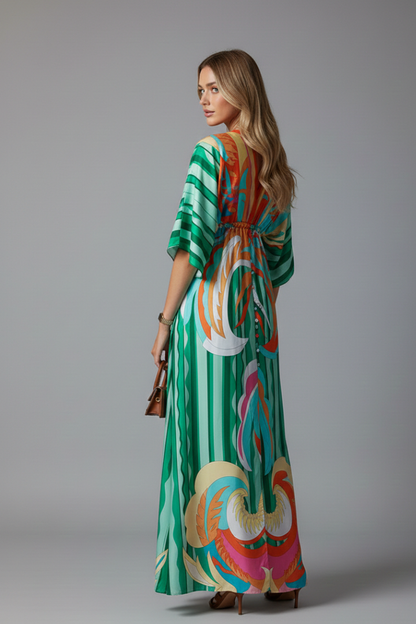 Montarello Printed Batwing Women's Maxi Dress with Tie Waist