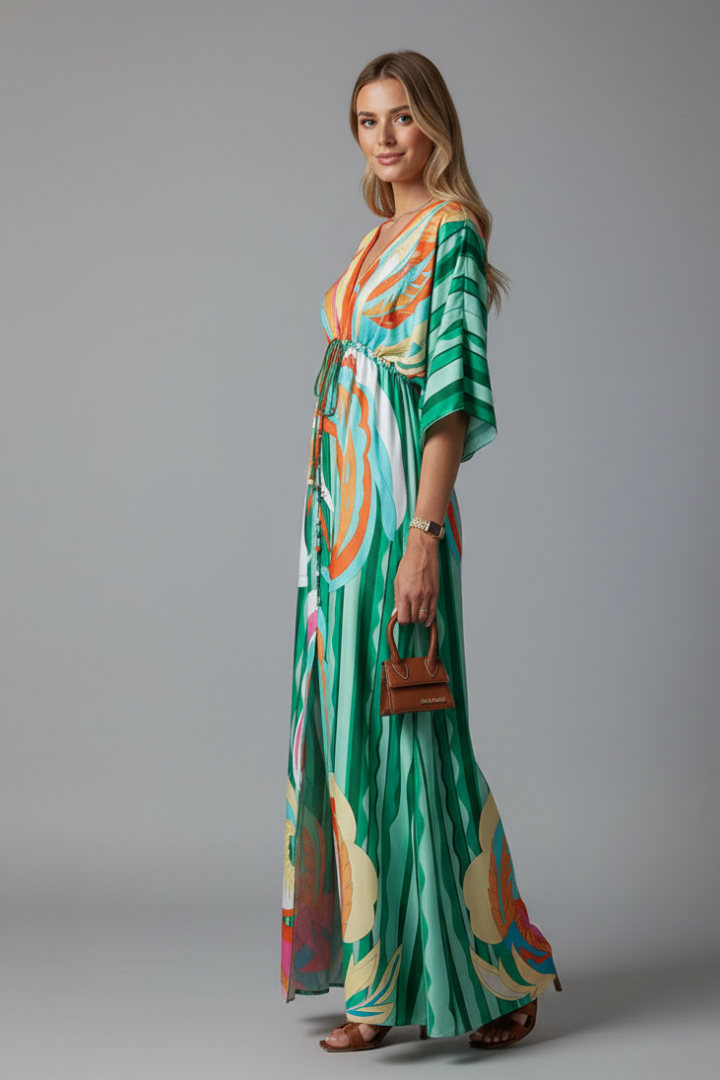 Montarello Women's Printed Batwing Sleeve Tie-Waist Maxi Dress