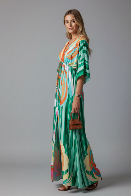 Montarello Printed Batwing Women's Maxi Dress with Tie Waist