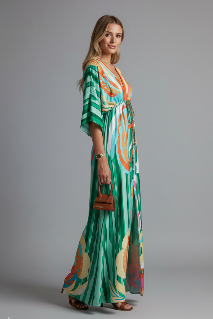Montarello Women's Printed Batwing Sleeve Tie-Waist Maxi Dress