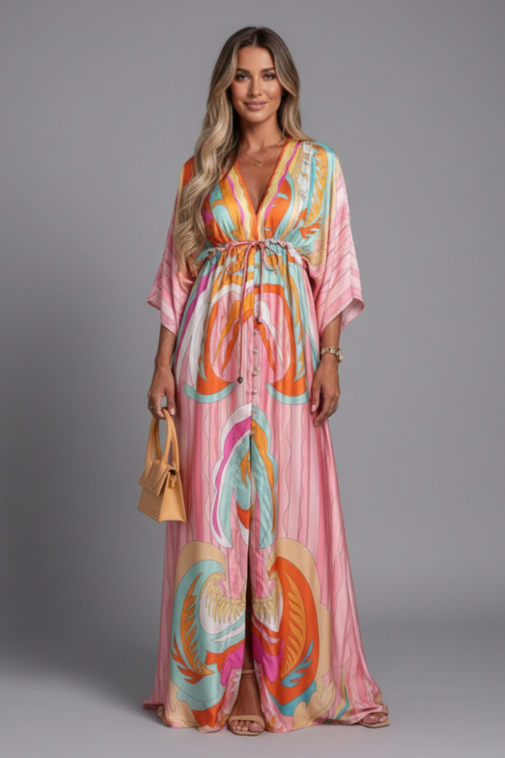 Montarello Women's Printed Batwing Sleeve Tie-Waist Maxi Dress
