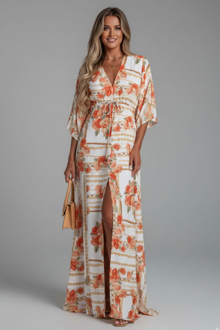 Montarello Women's Printed Batwing Sleeve Tie-Waist Maxi Dress