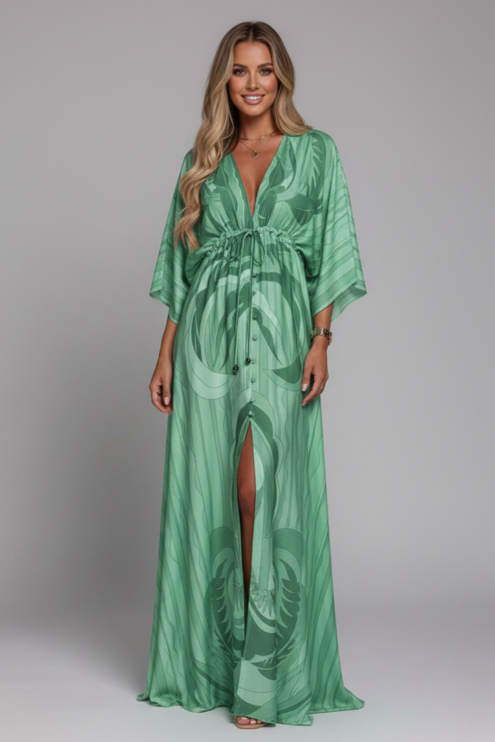 Montarello Women's Printed Batwing Sleeve Tie-Waist Maxi Dress
