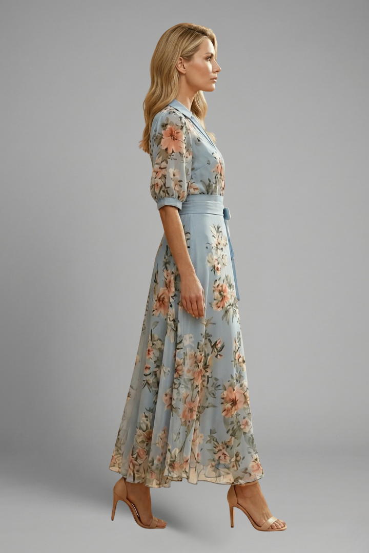 Montarello Floral Short Sleeve Women's Fitted Midi Dress