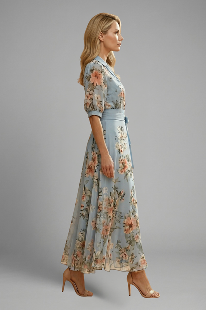 Montarello Floral Short Sleeve Women's Fitted Midi Dress
