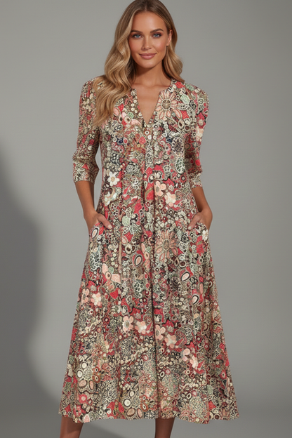 Montarello Floral V-Neck Women's Midi Dress