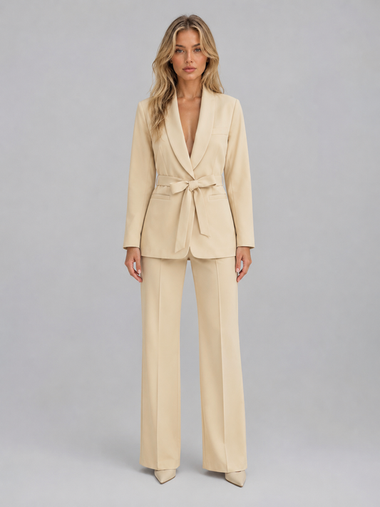 Montarello Women's Belted Blazer and Wide-Leg Trouser Suit Set