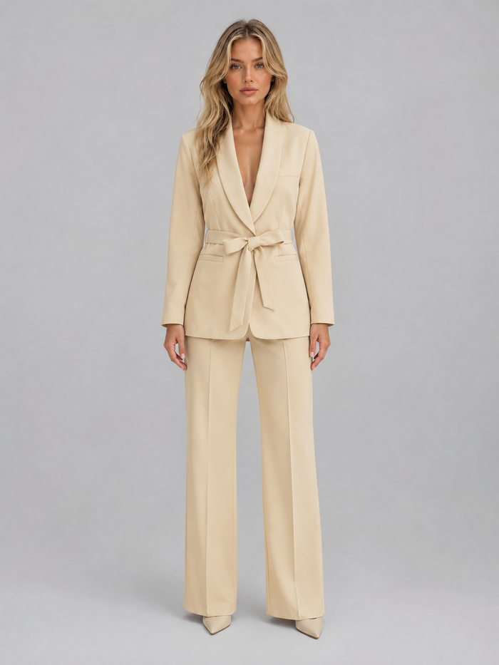 Montarello Women's Belted Blazer and Wide-Leg Trouser Suit Set