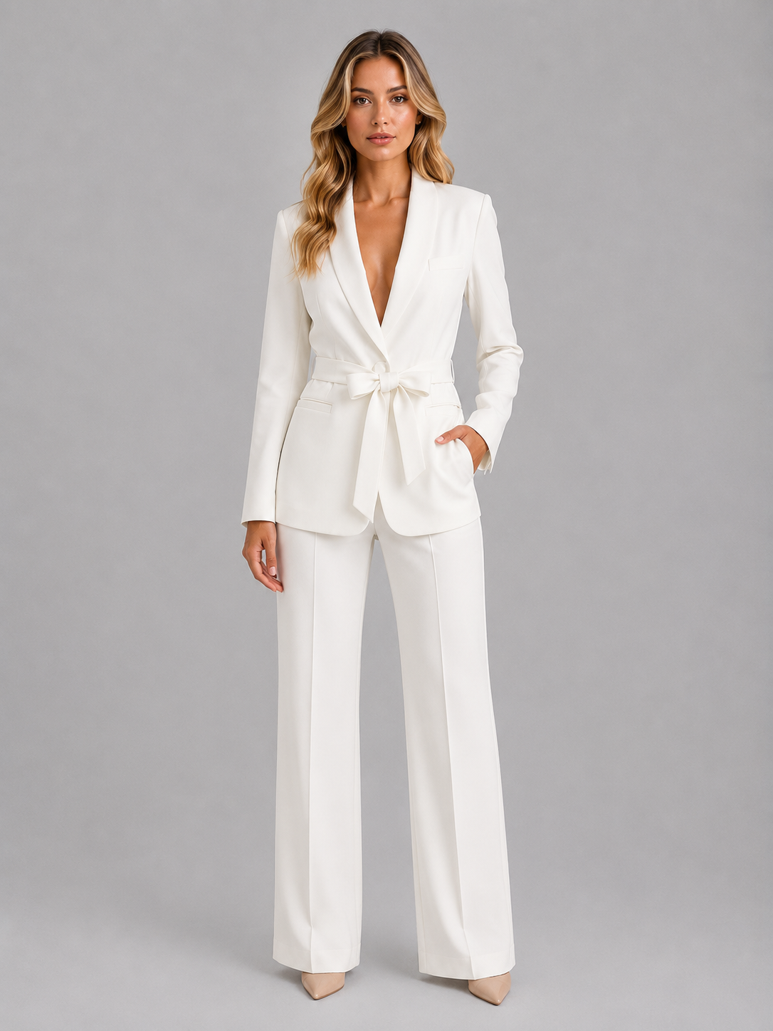 Montarello Women's Belted Blazer and Wide-Leg Trouser Suit Set