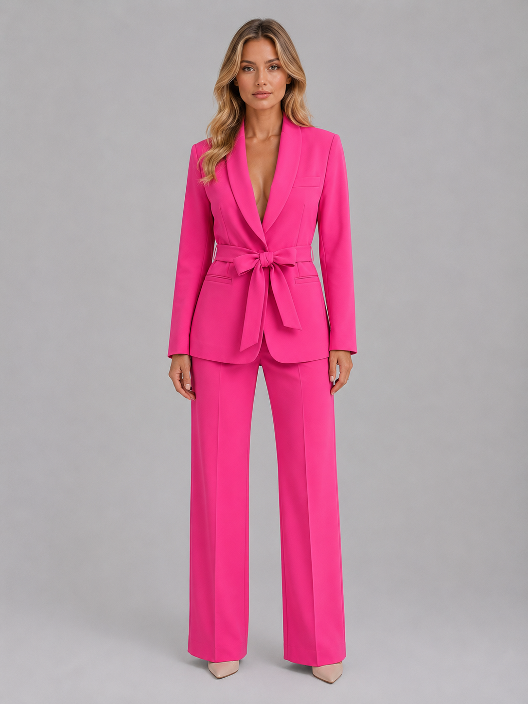 Montarello Women's Belted Blazer and Wide-Leg Trouser Suit Set