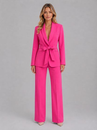 Montarello Women's Belted Blazer and Wide-Leg Trouser Suit Set