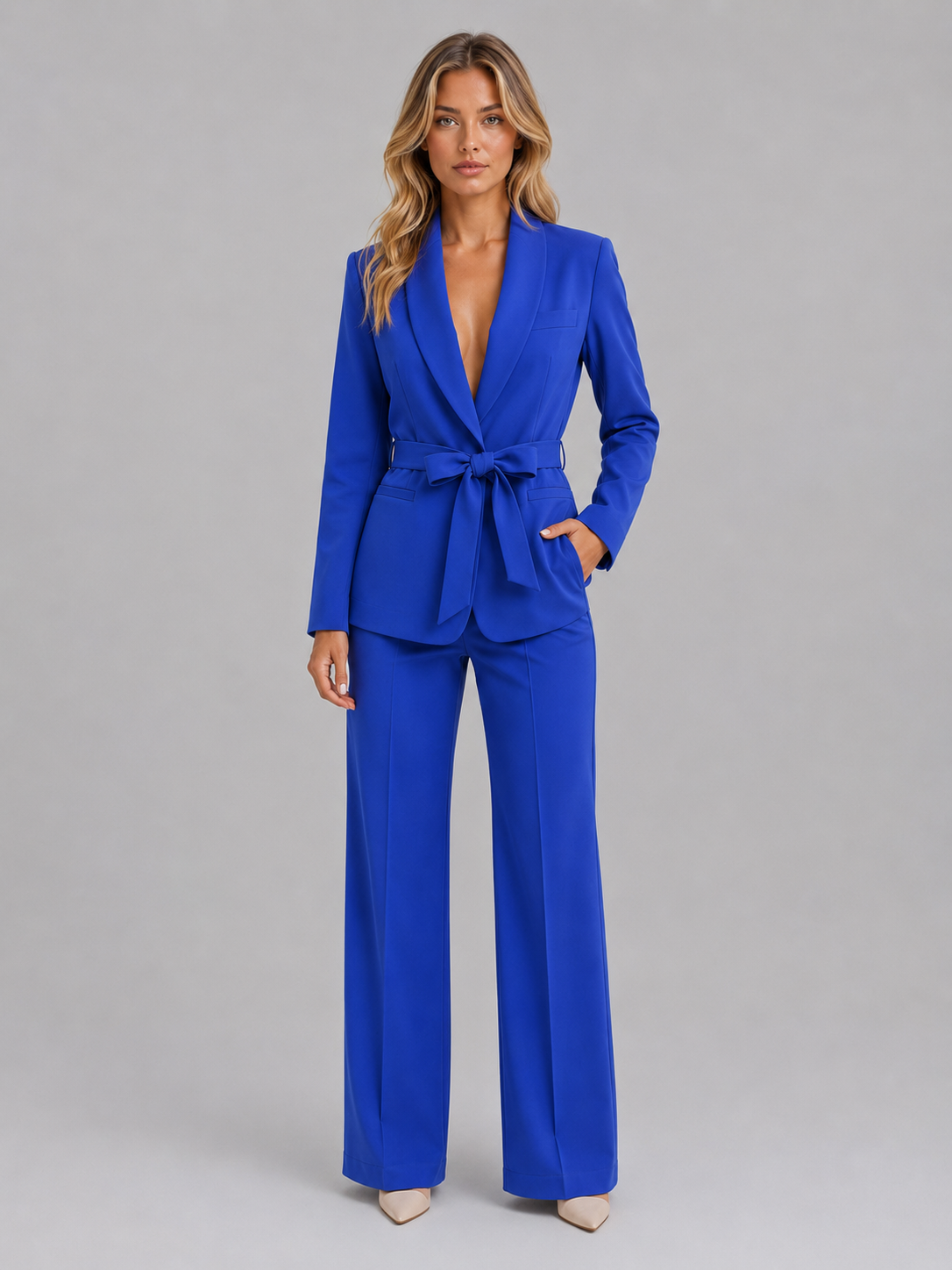 Montarello Women's Belted Blazer and Wide-Leg Trouser Suit Set