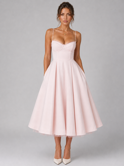 Montarello Women's Corset Midi Dress with Full Skirt – Wedding Guest Style