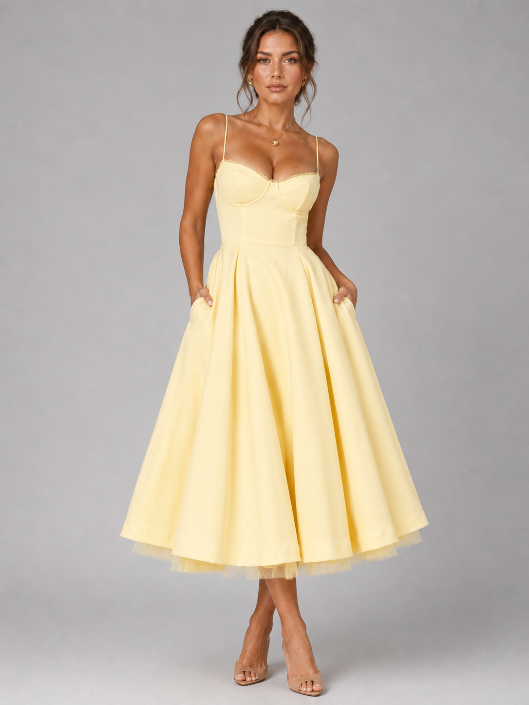 Montarello Women's Corset Midi Dress with Full Skirt – Wedding Guest Style