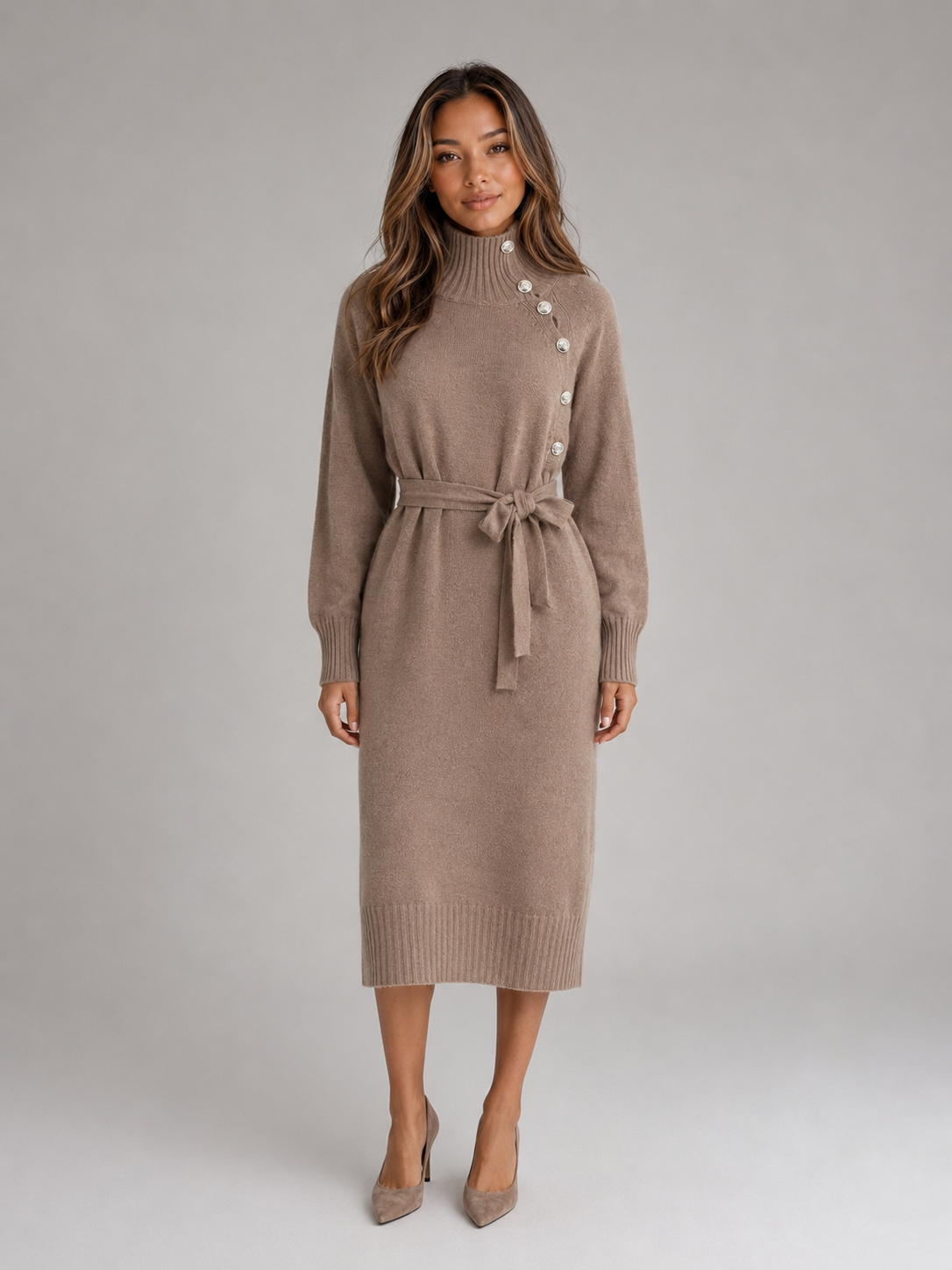 Robe-pull midi femme Montarello à col roulé, ceinturée